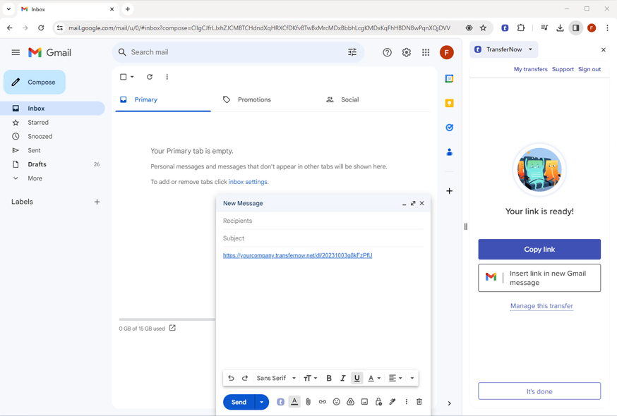 TransferNow Chrome Gmail