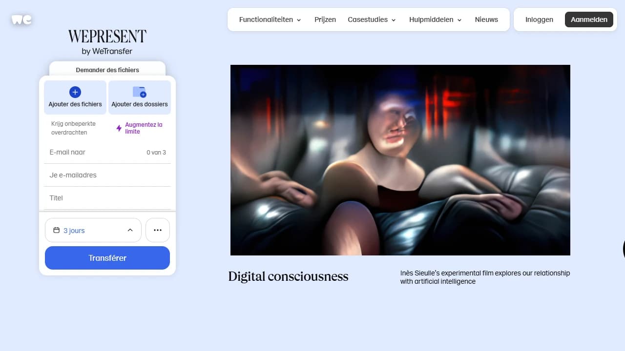 Startpagina van WeTransfer