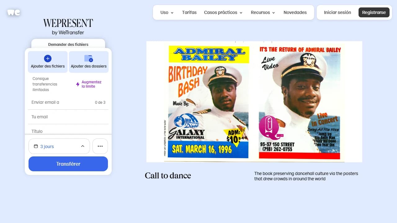 Página de inicio de WeTransfer