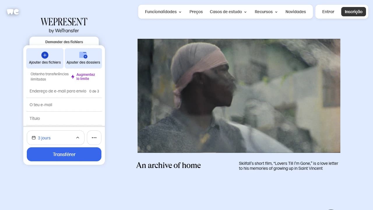 Página inicial do WeTransfer